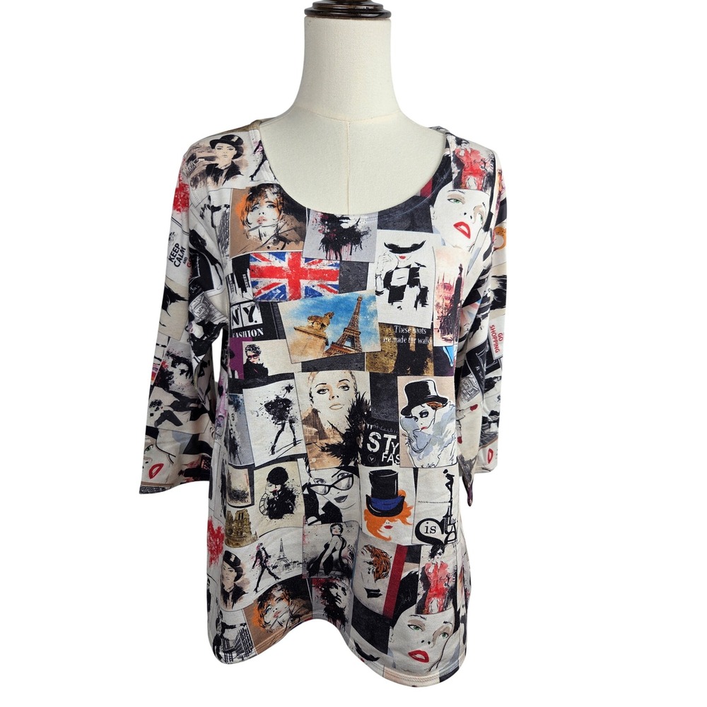 Et Lois Tunic Top Medium Multicolor Fashion Collage Graphic Print 3/4 Sleeve Art